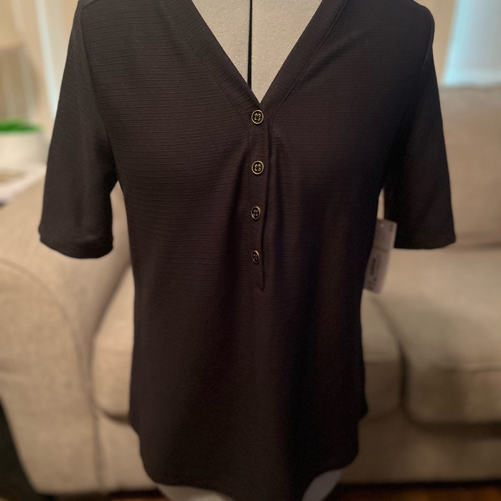 Black V-Neck Buttoned Women's Top